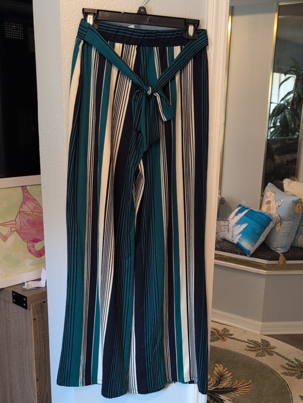 Striped Wide-Leg Tie-Waist Pants - Green& Navy Brand New